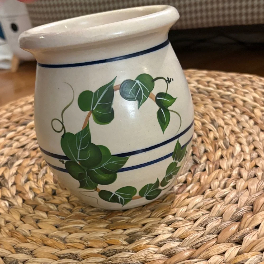 Stoneware Storage Jar with Green Leaf Design
